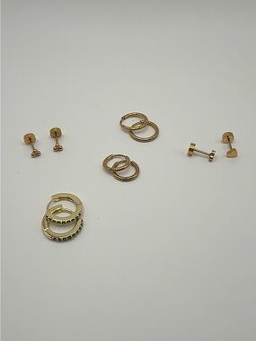Gold Plated Earring Lot 5 pairs- Dainty Huggies Green CZ Studs Cartilage Stack